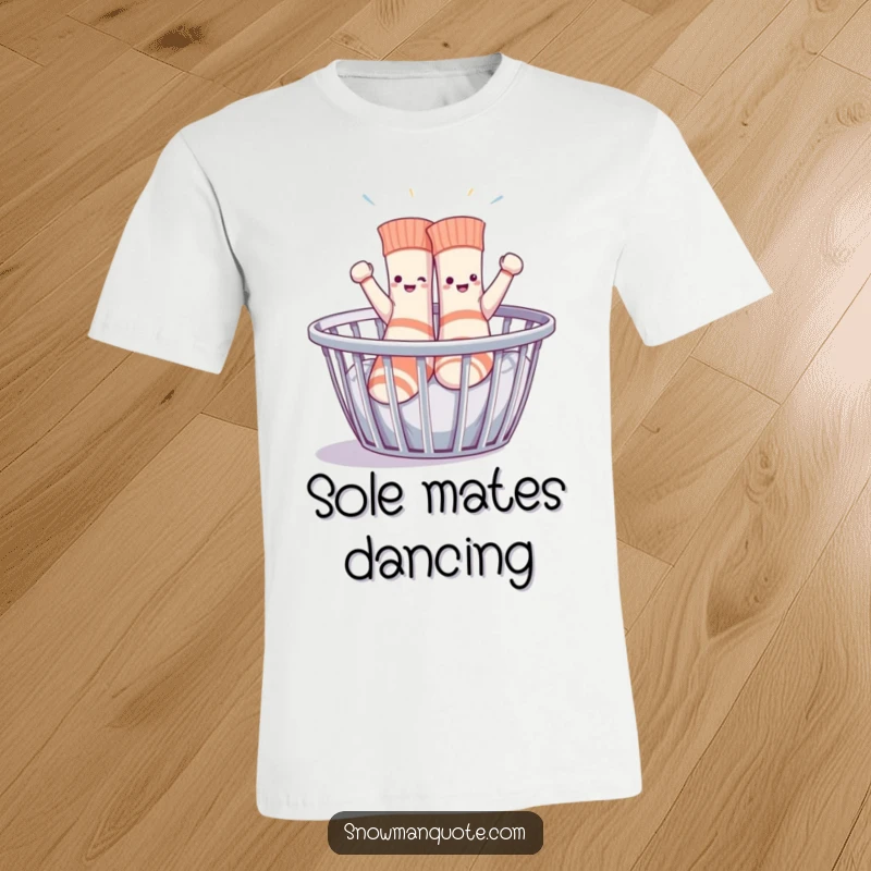 Funny sentient socks enthusiastically dancing in a laundry basket, a humorous and vibrant t-shirt perfect for laundry day or any day.