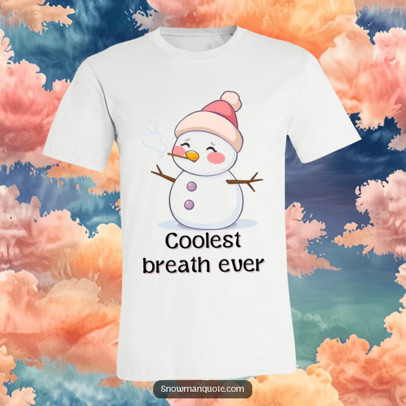Funny t-shirt illustration of a happy snowman with blushing cheeks, releasing a noticeable puff of frosty breath.