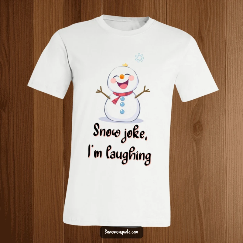 Funny snowman hilariously giggling as a snowflake tickles its nose, featured on a comfortable t-shirt.