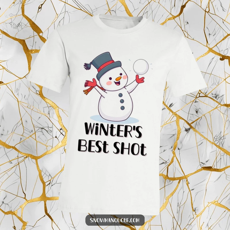 Funny t-shirt graphic of a jolly snowman with a wide grin, throwing a snowball, ready for winter fun.