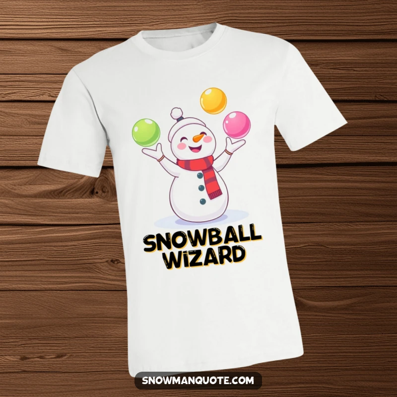 Funny Snowman T-Shirt: A cheerful snowman joyfully juggles three brightly colored snowballs. Ideal for showing off holiday spirit and playful humor.