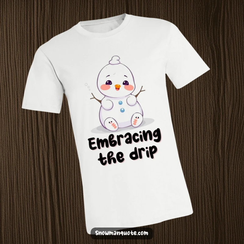 Funny melting snowman t-shirt, sighing contentedly as it melts slightly, depicting a humorous and relaxed winter scene, ideal for casual wear and gifts.