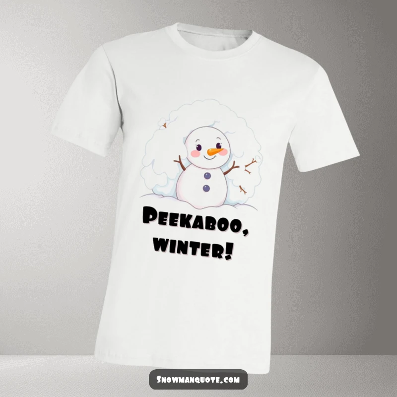 Funny snowman looking with pure delight while peeking from behind a snowy bush on a t-shirt.