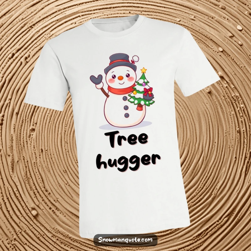 Funny Proud Snowman Tree T-Shirt depicting a delighted snowman holding up a small, festive Christmas tree with pride.