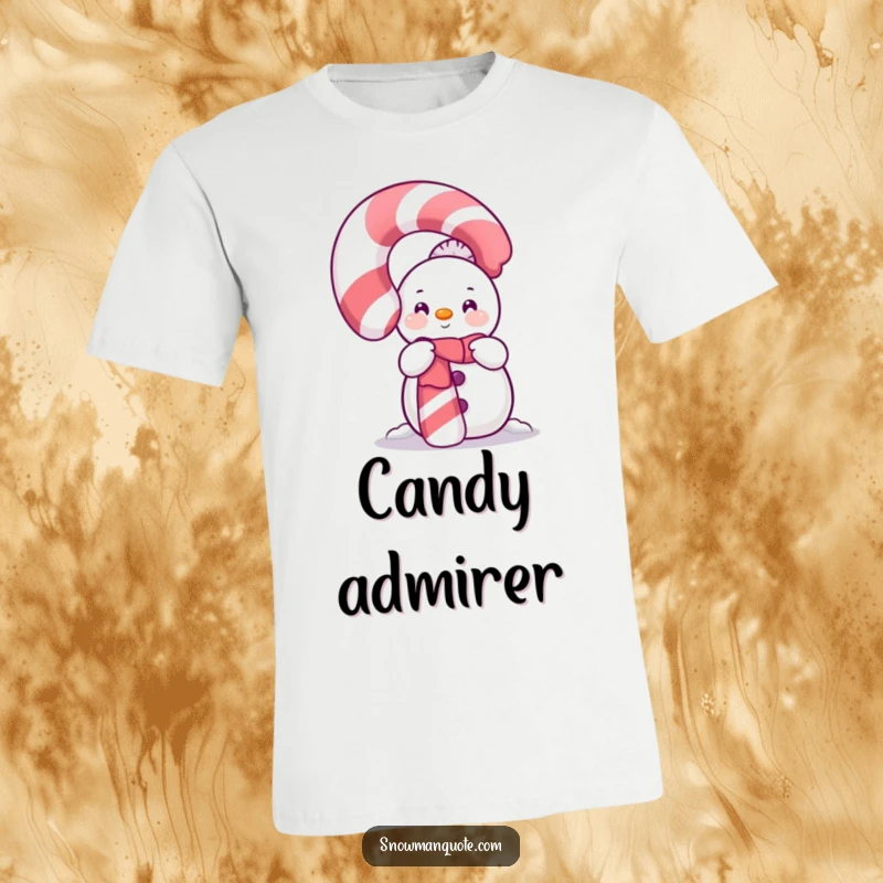 Funny Shy Snowman Candy Cane T-Shirt depicting a timid snowman peeking curiously from behind a festive, oversized candy cane.