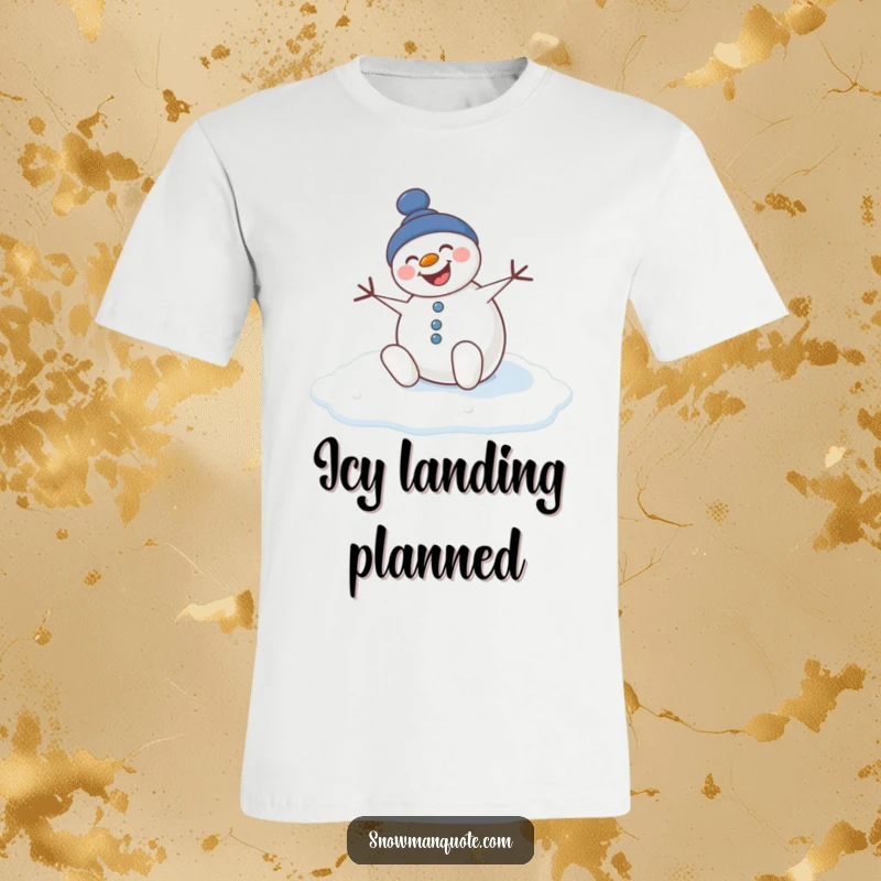 Funny t-shirt depicting a snowman hilariously losing its footing on a slippery ice patch with a grin.