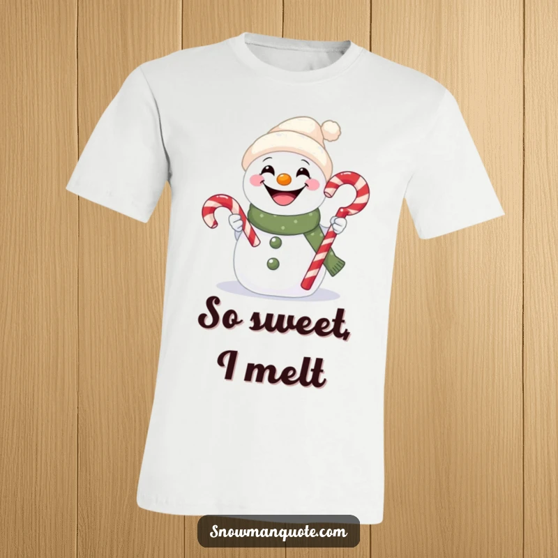 Funny t-shirt featuring a snowman with a huge, goofy grin, holding out a festive candy cane.