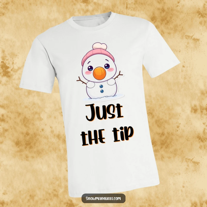 Funny t-shirt showing a shy snowman peeking out with a smile from behind its enormous orange carrot nose.
