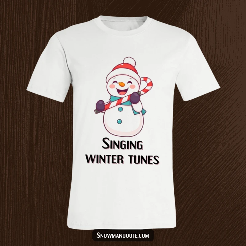 Funny snowman t-shirt with a cheerful snowman holding a candy cane as a microphone, ready to perform.