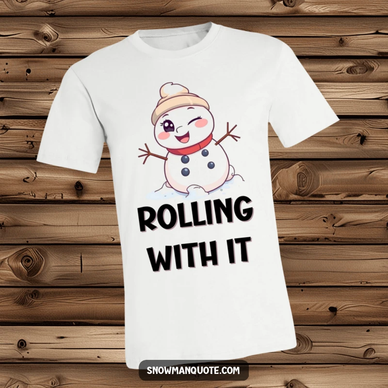 Funny T-Shirt: A snowman winking with a mischievous glint as it speeds downhill. Humorous and adventurous winter design.