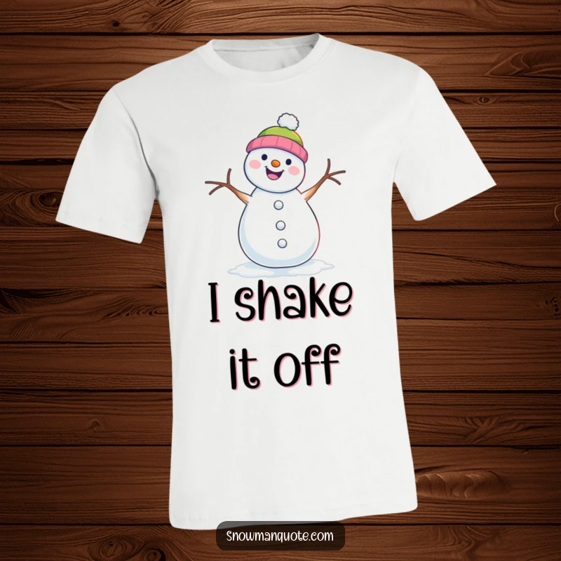 Funny t-shirt featuring a snowman energetically shimmying with its twig arms, full of festive spirit.