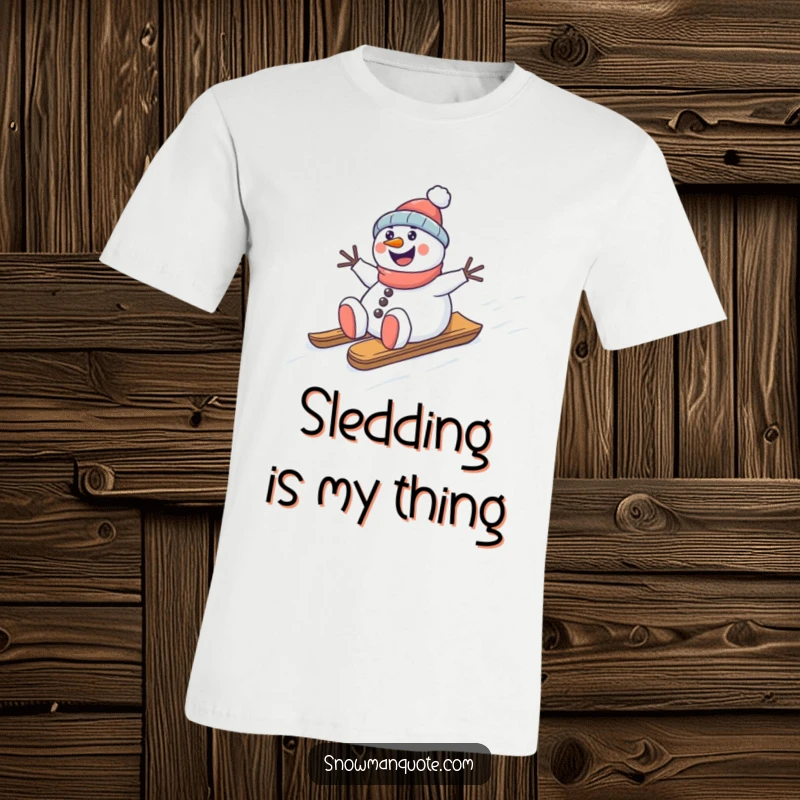 Funny snowman sledding T-shirt, happily cruising down a snowy hill on a sled, a hilarious winter action scene, gift.