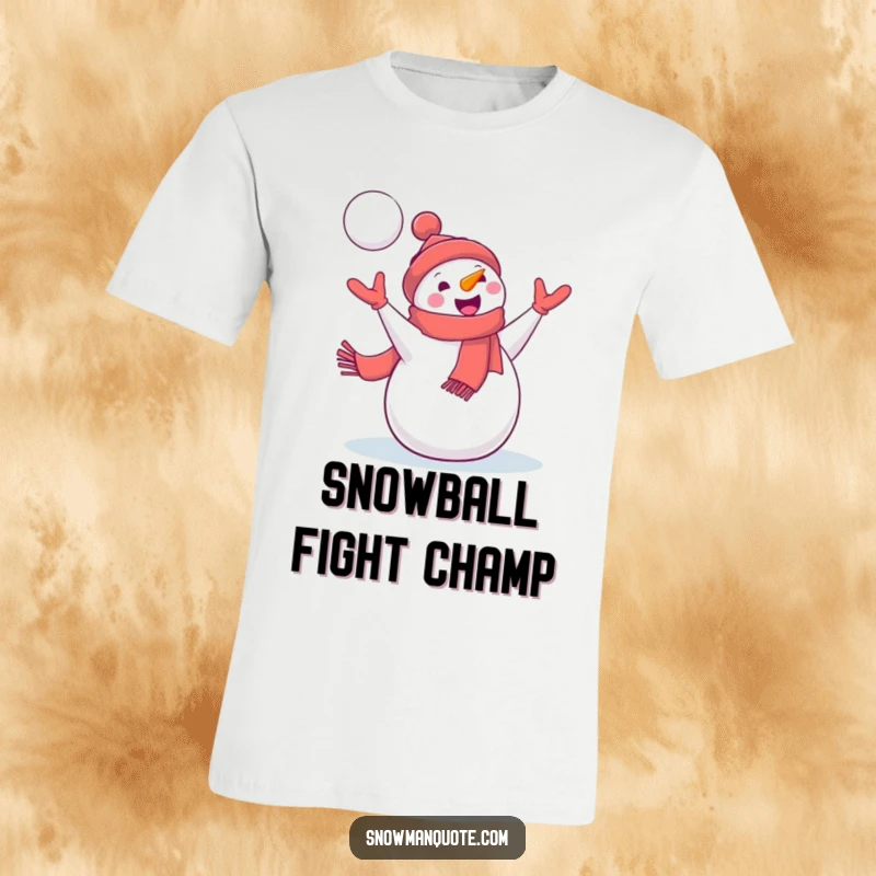 Funny Snowman T-Shirt: A delighted snowman with a jaunty scarf skillfully catches a hurtling snowball, showcasing winter's playful side.