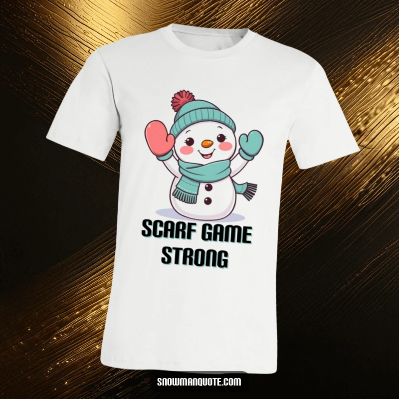Funny snowman T-shirt, wearing a scarf, cheerfully waving a mitten, a friendly winter greeting, perfect gift.