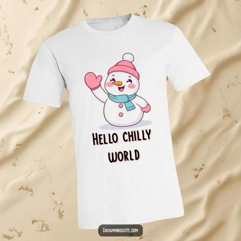 Funny t-shirt depicting a cheerful snowman giving an enthusiastic wave with its mitten.