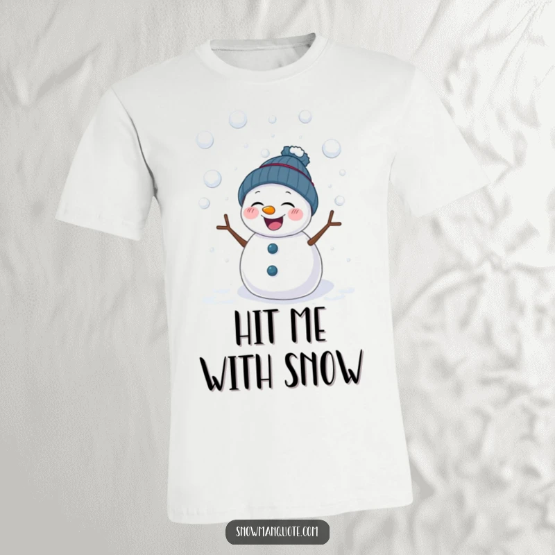 Funny T-shirt featuring a laughing snowman being showered by soft snowballs. Captures the spirited joy of a friendly winter combat.