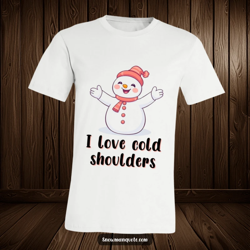 Funny snowman with arms wide open joyfully embracing falling snowflakes, captured on a comfortable and humorous winter t-shirt.
