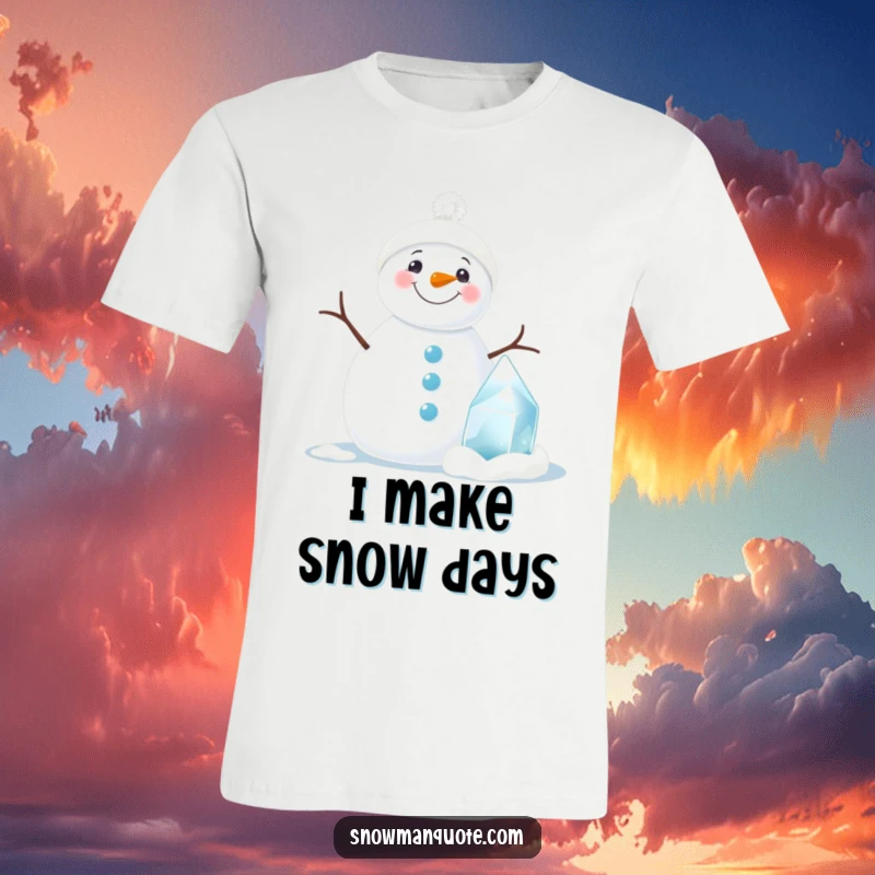 Funny snowman t-shirt featuring a joyful snowman with a massive smile beside a small ice sculpture, perfect for casual wear.