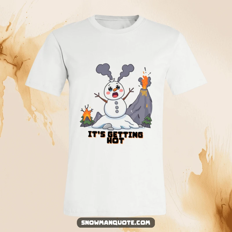 Funny snowman t-shirt, wide-eyed and surprised, jumping out of a fiery volcano, capturing a moment of hilarious escape.