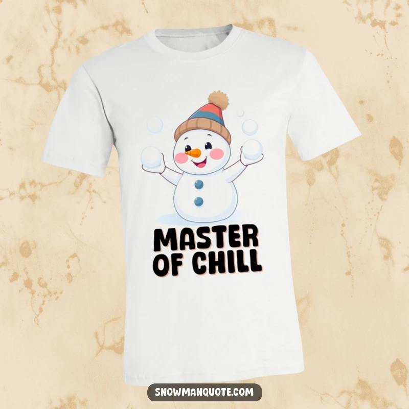 Funny juggling snowman T-shirt, smiling with a carrot nose, expertly tossing snowballs, a hilarious winter-themed gift.