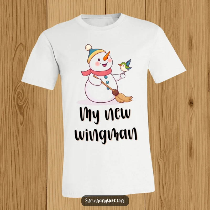 Funny t-shirt of a joyful snowman as a bird happily perches on its broom stick, capturing a sweet winter interaction.