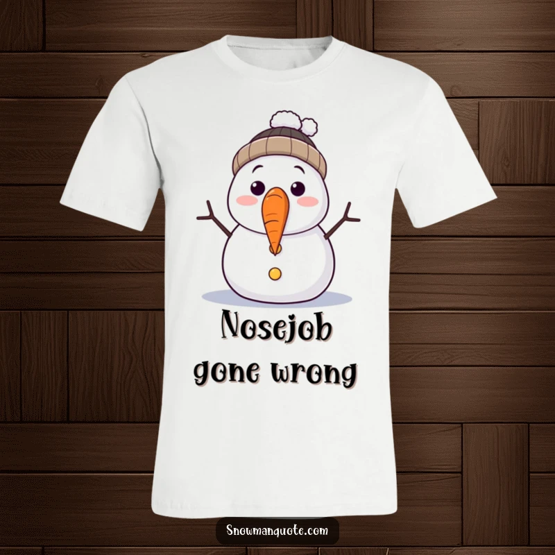 Funny T-shirt showing a shocked snowman whose carrot nose has fallen off. His twig arms gesture in surprise, a comical winter mishap.