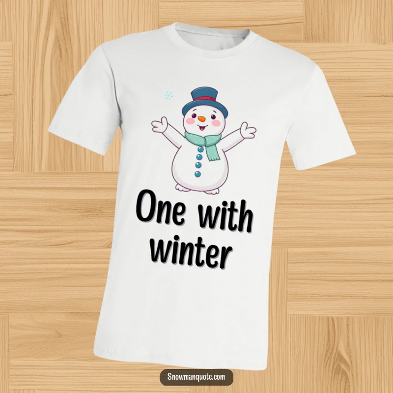 Funny t-shirt graphic of a snowman with open arms embracing a falling snowflake, symbolizing winter's gentle embrace.