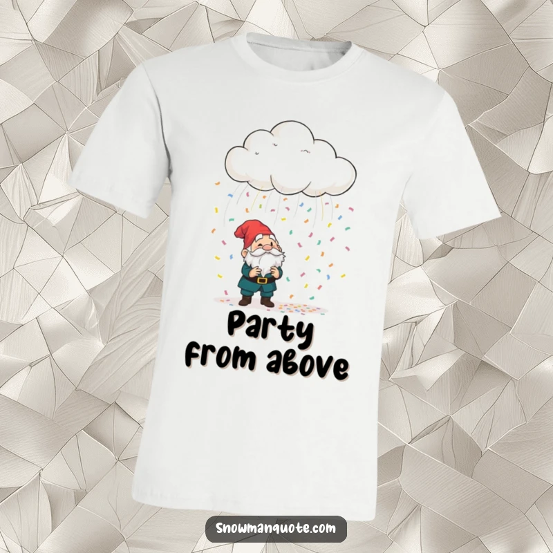 Funny playful cloud showering colorful confetti onto a bewildered garden gnome, a whimsical and hilarious t-shirt design for outdoor lovers.