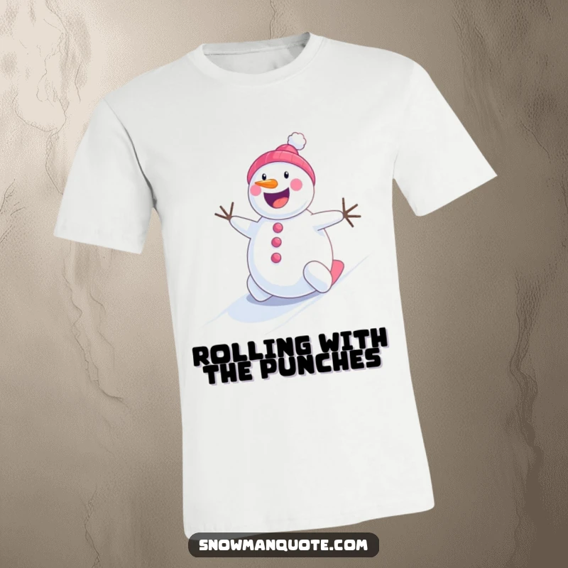Funny cheerful snowman rolling energetically down a snowy hill, a humorous graphic tee.