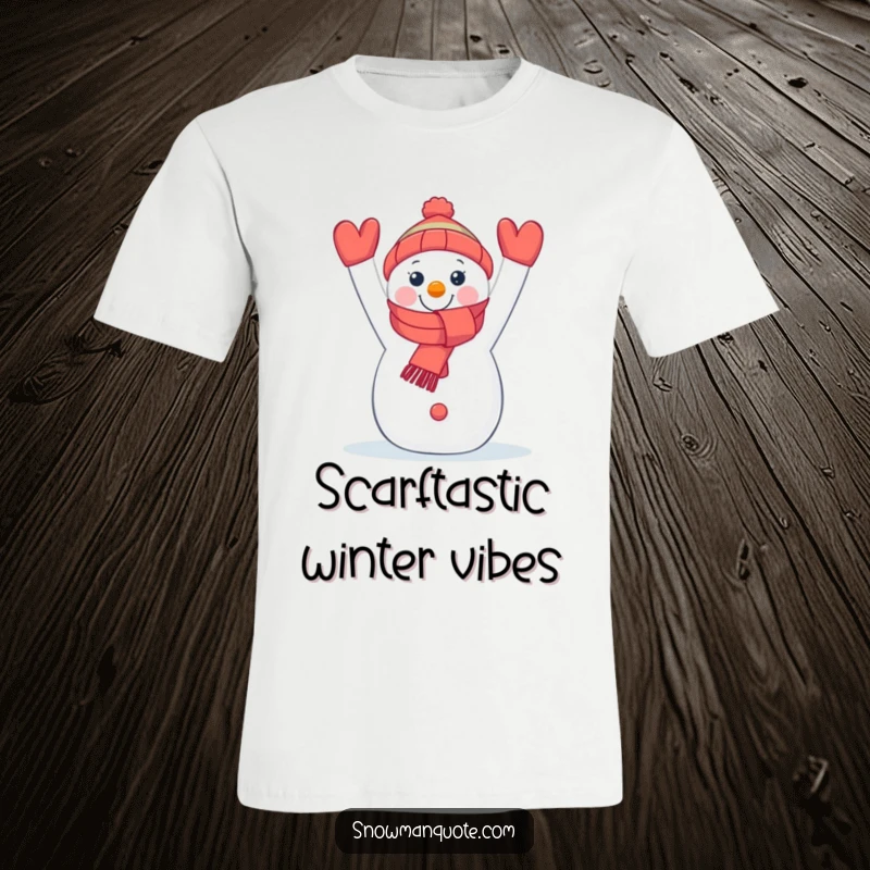 Funny snowman t-shirt showing a happy snowman proudly holding a colorful scarf, embodying winter fun.