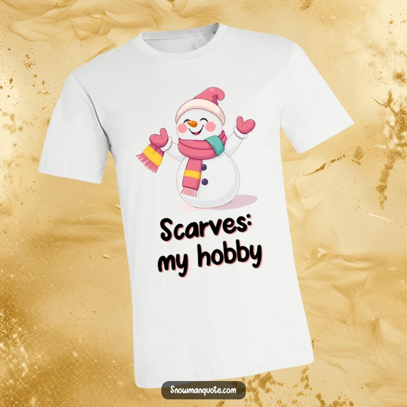 Funny T-Shirt: A giggling snowman expertly juggling three bright scarves, radiating happiness and winter fun. Humorous and colorful.