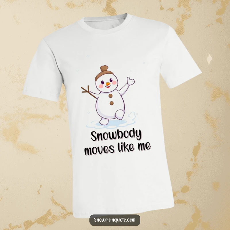 Funny dancing snowman t-shirt with twig arms waving high, kicking up a snow swirl, capturing energetic winter celebration.