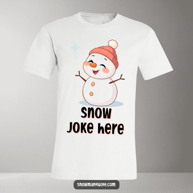 Funny Snowman T-Shirt: A cheerful snowman with a carrot nose gives a playful wink to a delicate falling snowflake, full of winter charm.