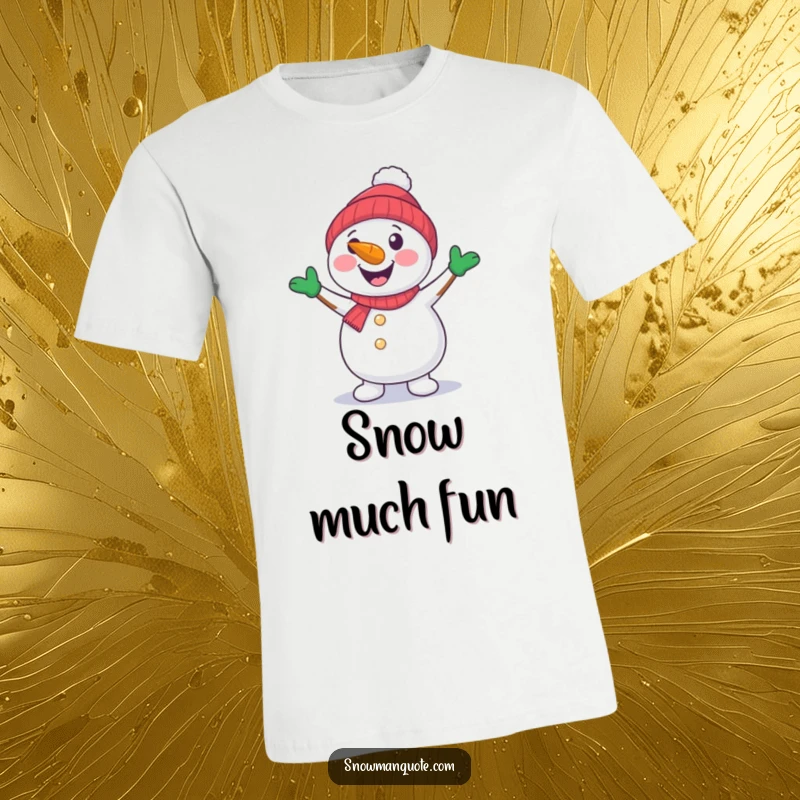 A cheerful snowman with a carrot nose happily dancing with its arms. A fun t-shirt.