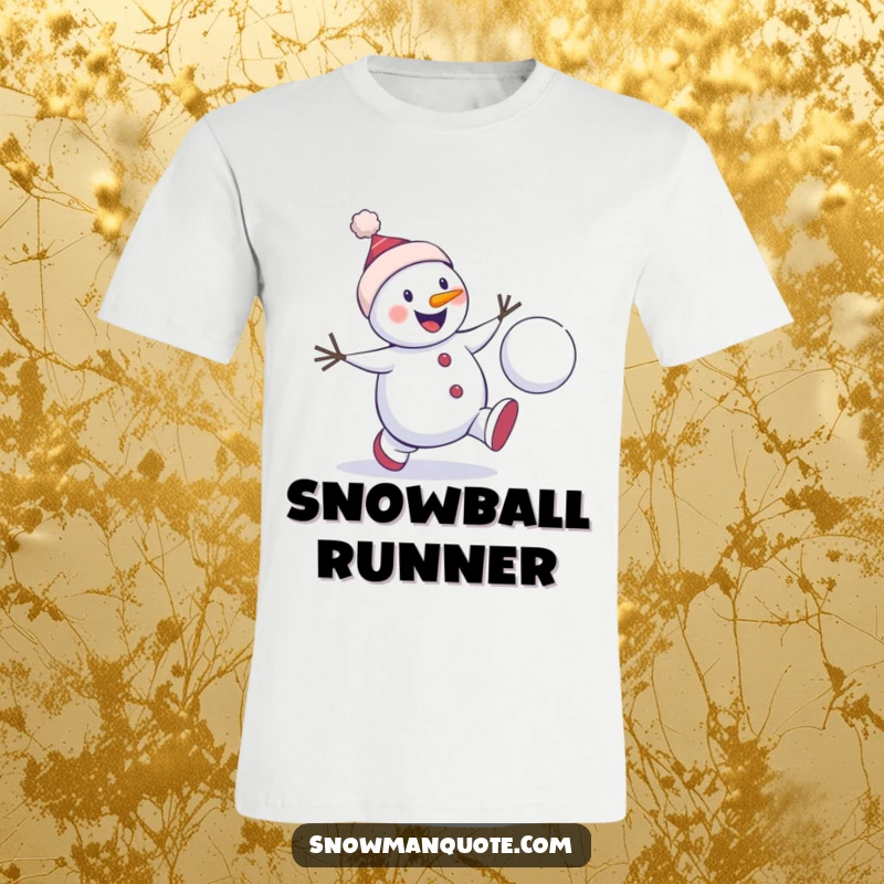Funny snowman t-shirt featuring a winter character enthusiastically chasing a bouncing snowball, perfect for active and humorous wear.