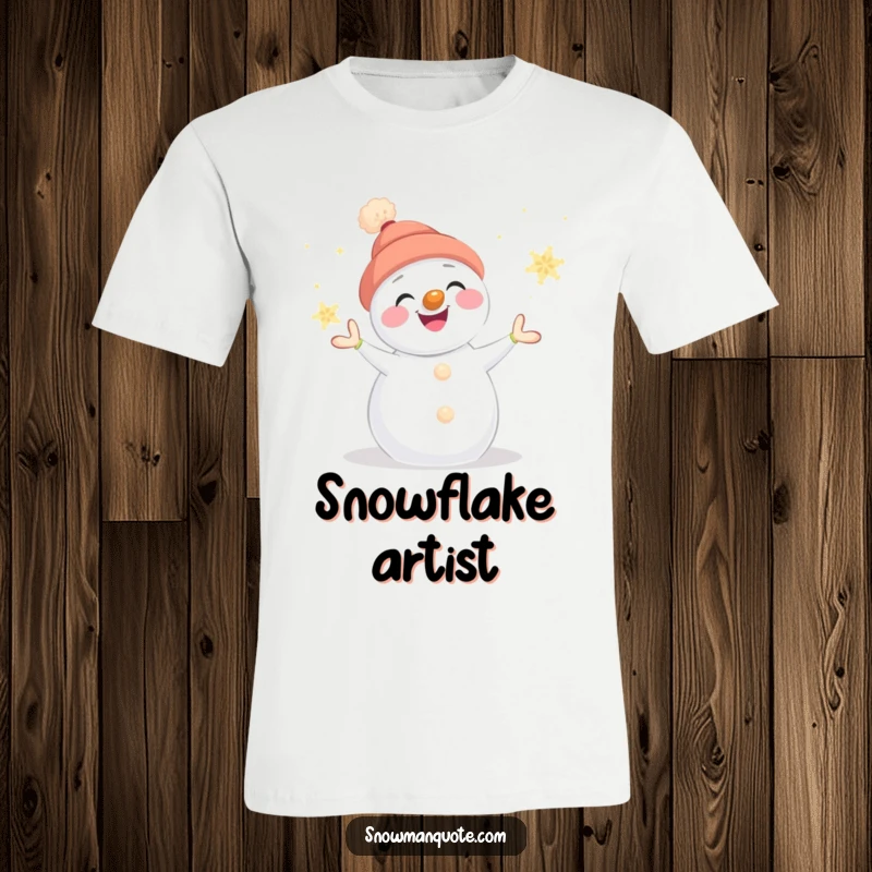 Funny snowman t-shirt featuring a smiling snowman artistically juggling glowing snowflakes, with a prominent carrot nose.