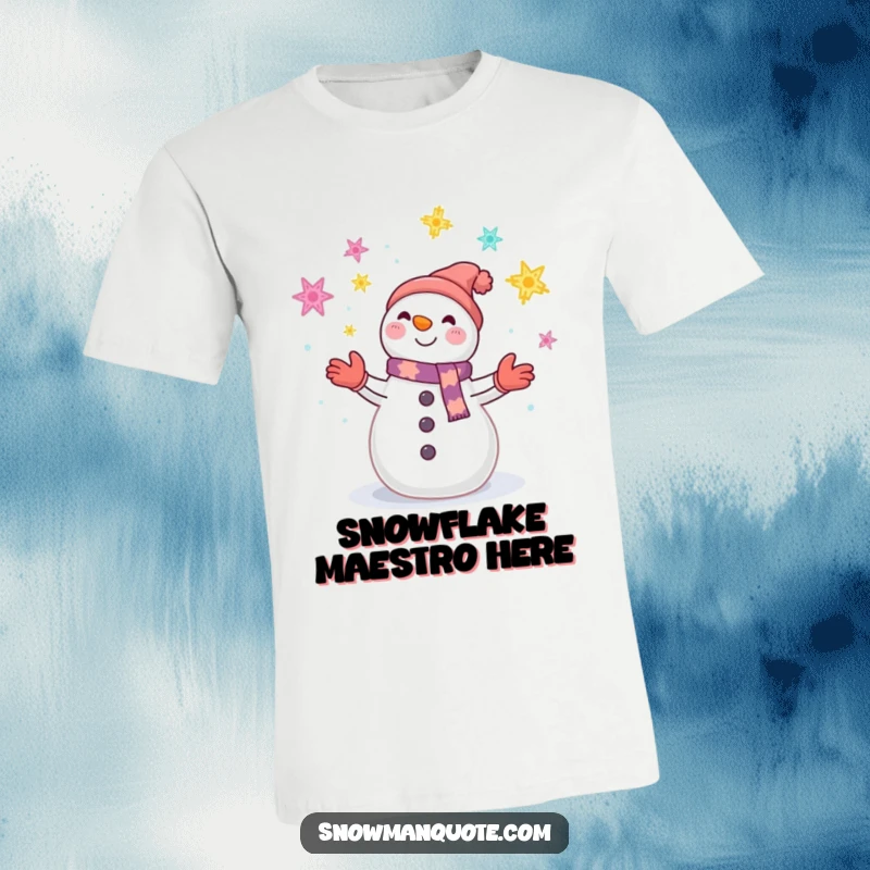 Funny t-shirt depicting a happy snowman expertly juggling brightly colored and sparkling snowflakes with a big smile.