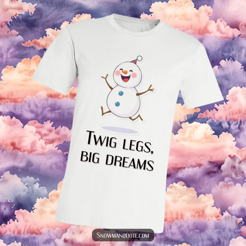 Funny T-Shirt: Cheerful snowman mid-kick, showing off its twig legs with pure joy. A humorous and uplifting design for winter lovers.