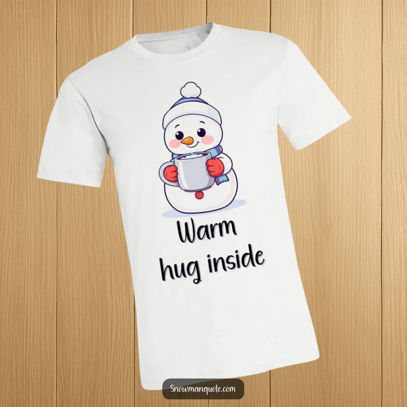 Funny T-Shirt showing a kind snowman with a warm smile, holding out a steaming mug, inviting you to share a cozy drink.