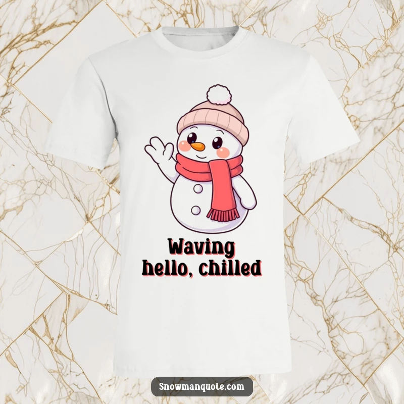 Funny T-Shirt: A friendly snowman in a scarf waves hello, its single button eye looking welcoming, embodying cheerful winter spirit.