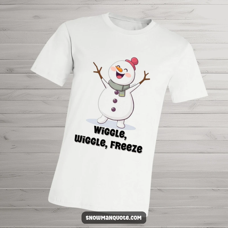 Funny T-shirt showing a happy snowman enthusiastically doing a jig, its twig arms flailing wildly. Embodies infectious winter celebration.