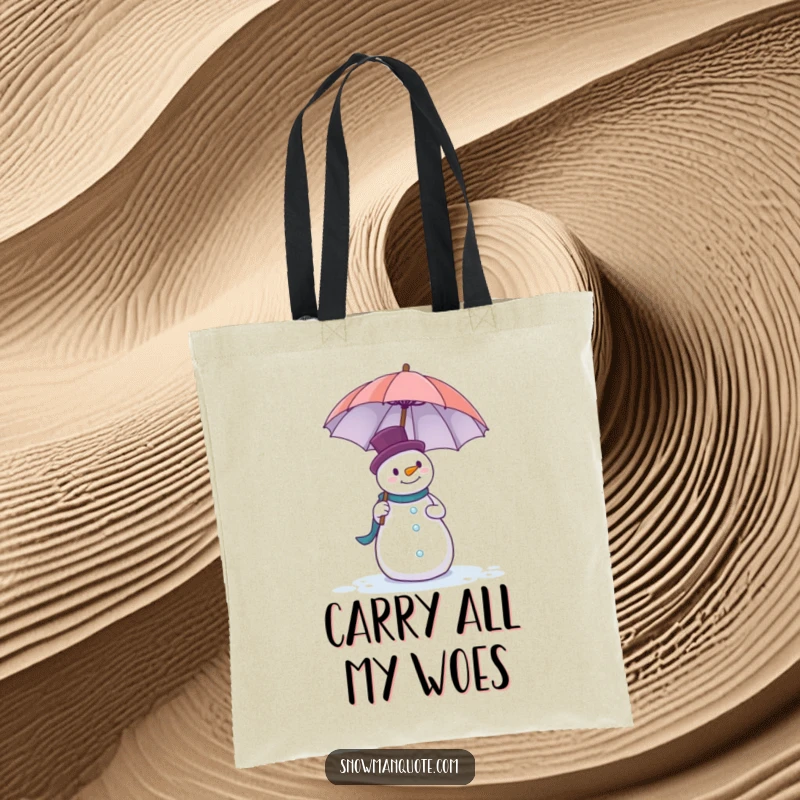Funny tote bag depicting a determined snowman comically wrestling with a large, unwieldy umbrella in the wind.