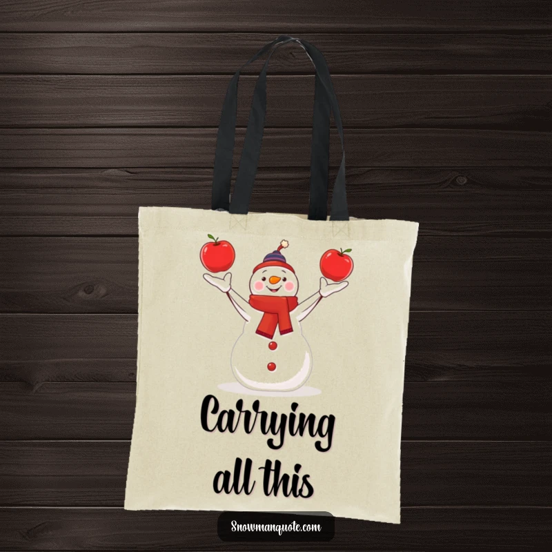 Funny snowman effortlessly juggling three bright red apples, printed on a functional and stylish tote bag.