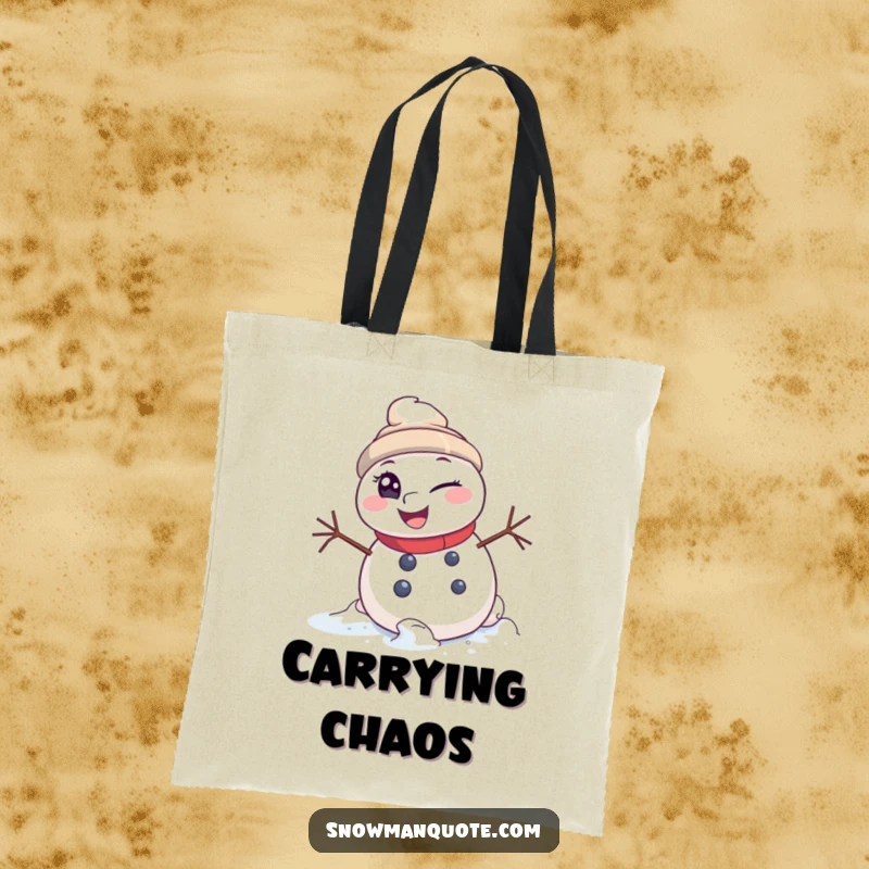 Funny Tote Bag: A winking snowman rolling downhill with a mischievous glint, perfect for carrying essentials with a playful touch.