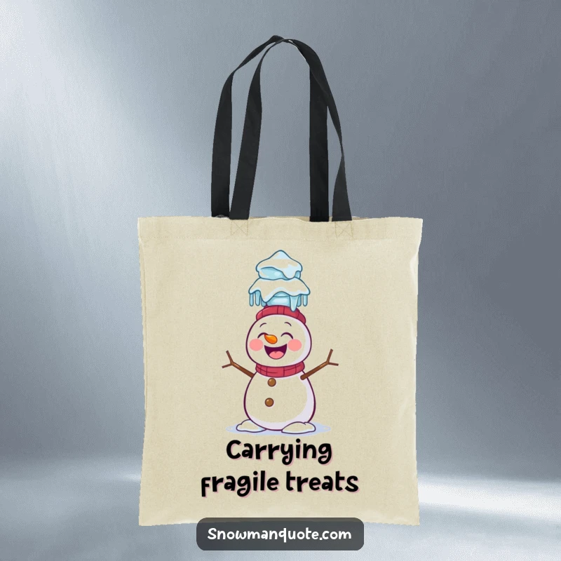 Funny Snowman Tote Bag: A giggling snowman attempts to balance a tall stack of icicles on its head, perfect for carrying winter essentials.