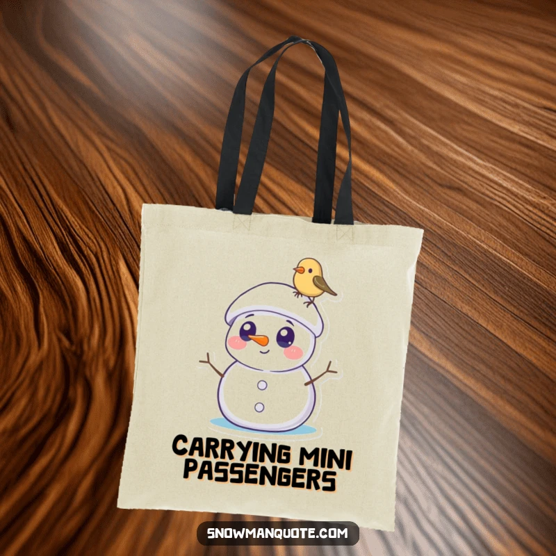 Funny Snowman Tote Bag: A surprised snowman with wide eyes observes a tiny bird perched on its hat, perfect for carrying daily essentials.