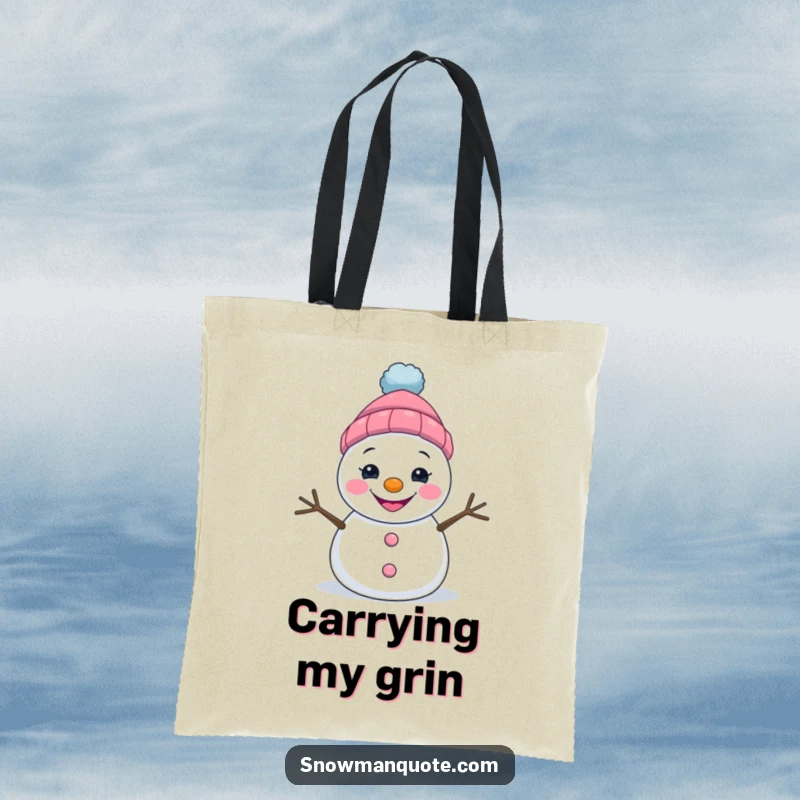 Funny tote bag with a grinning snowman wearing a lopsided hat, perfect for carrying items with humor.