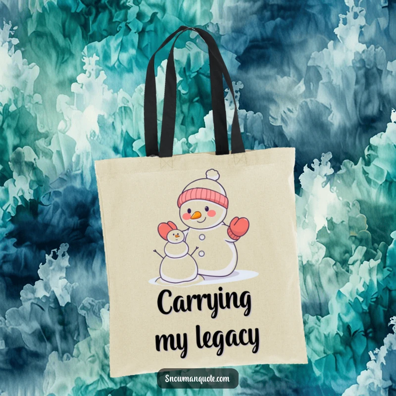 Funny snowman tote bag featuring a snowman wearing mittens, trying to build a smaller snowman, perfect for carrying supplies with humor.