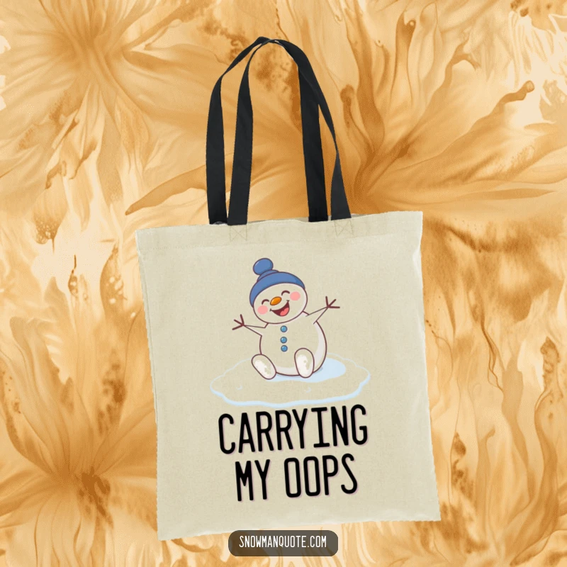 Funny tote bag showing a snowman comically slipping on ice, perfect for carrying essentials with humor.