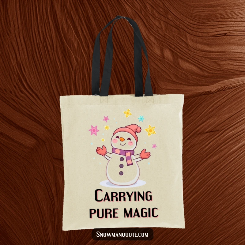Funny tote bag featuring a smiling snowman juggling colorful snowflakes, perfect for carrying items with winter cheer.